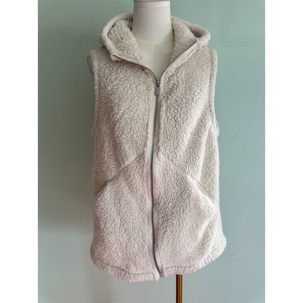 Jones New York Sherpa Womens Ivory Sleeveless Zip Front Vest Jacket w Hood Med